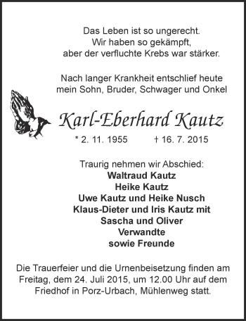 Anzeige von Karl-Eberhard Kautz von  Kölner Wochenspiegel 