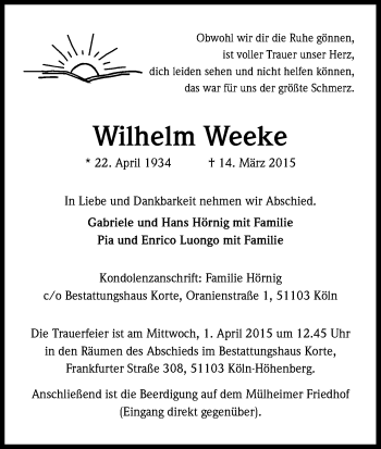 Anzeige von Wilhelm Weeke von Kölner Stadt-Anzeiger / Kölnische Rundschau / Express