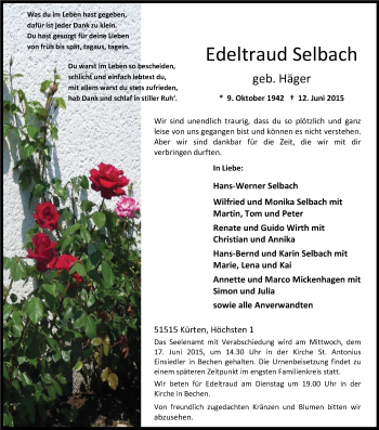 Anzeige von Edeltraud Selbach von Kölner Stadt-Anzeiger / Kölnische Rundschau / Express