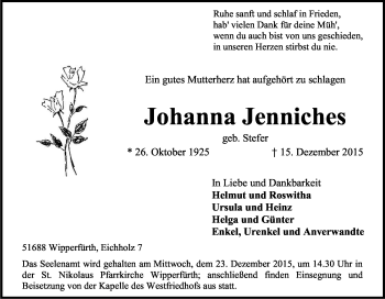 Anzeige von Johanna Jenniches von Kölner Stadt-Anzeiger / Kölnische Rundschau / Express
