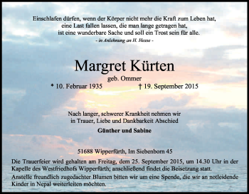 Anzeige von Margret Kürten von Kölner Stadt-Anzeiger / Kölnische Rundschau / Express