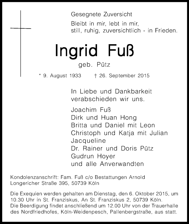  Traueranzeige für Ingrid Fuß vom 01.10.2015 aus Kölner Stadt-Anzeiger / Kölnische Rundschau / Express