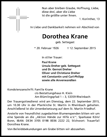 Anzeige von Dorothea Krane von Kölner Stadt-Anzeiger / Kölnische Rundschau / Express