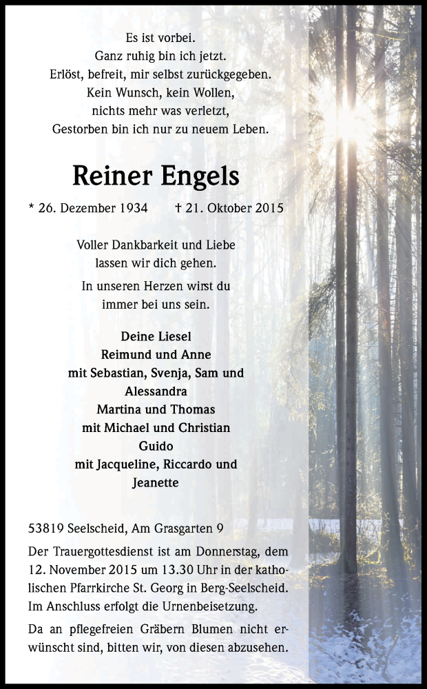  Traueranzeige für Reiner Engels vom 24.10.2015 aus Kölner Stadt-Anzeiger / Kölnische Rundschau / Express