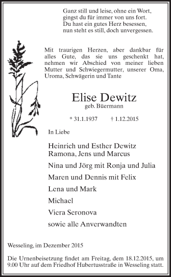 Anzeige von Elise Dewitz von  Schlossbote/Werbekurier 