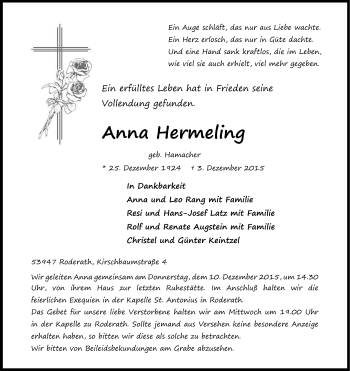 Anzeige von Anna Hermeling von Kölner Stadt-Anzeiger / Kölnische Rundschau / Express