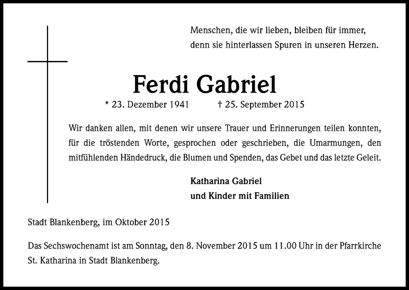  Traueranzeige für Ferdi Gabriel vom 22.10.2015 aus Kölner Stadt-Anzeiger / Kölnische Rundschau / Express