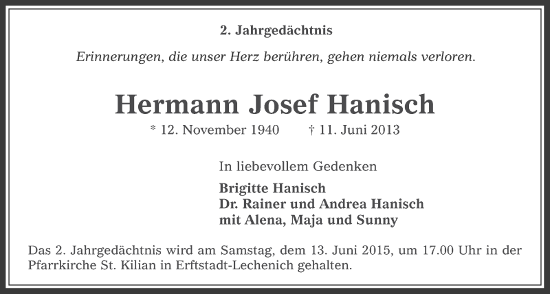  Traueranzeige für Hermann Josef Hanisch vom 10.06.2015 aus  Werbepost 