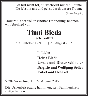 Anzeige von Tinni Bieda von  Schlossbote/Werbekurier 