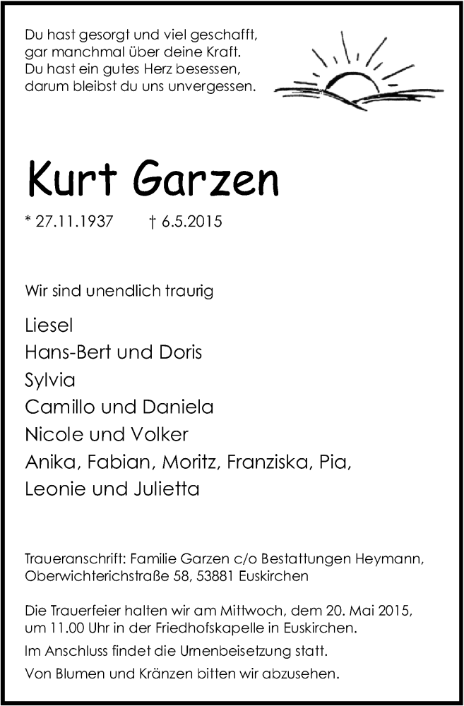  Traueranzeige für Kurt Garzen vom 17.05.2015 aus  Blickpunkt Euskirchen 