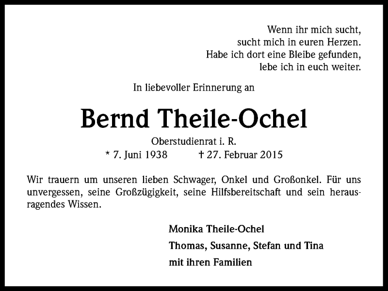  Traueranzeige für Bernd Theile-Ochel vom 07.03.2015 aus Kölner Stadt-Anzeiger / Kölnische Rundschau / Express