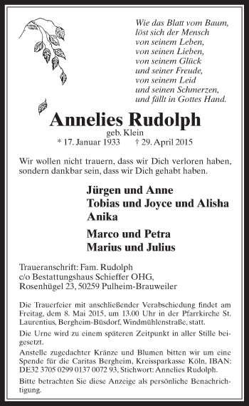 Anzeige von Annelies Rudolph von  Werbepost 