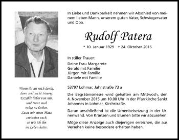 Anzeige von Rudolf Patera von Kölner Stadt-Anzeiger / Kölnische Rundschau / Express