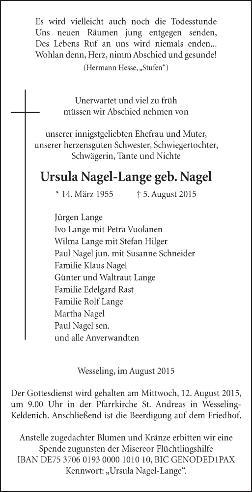  Traueranzeige für Ursula Nagel-Lange vom 12.08.2015 aus  Schlossbote/Werbekurier 