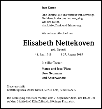 Anzeige von Elisabeth Nettekoven von Kölner Stadt-Anzeiger / Kölnische Rundschau / Express