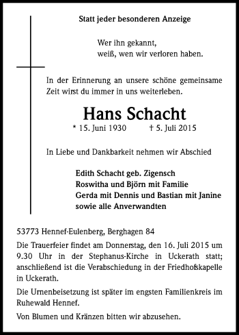 Anzeige von Hans Schacht von Kölner Stadt-Anzeiger / Kölnische Rundschau / Express