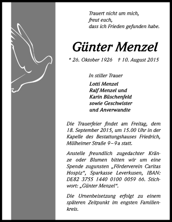 Anzeige von Günter Menzel von Kölner Stadt-Anzeiger / Kölnische Rundschau / Express