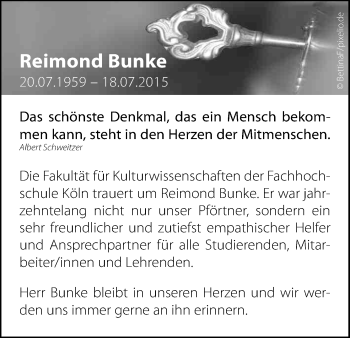 Anzeige von Reimond Bunke von Kölner Stadt-Anzeiger / Kölnische Rundschau / Express