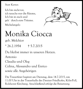 Anzeige von Monika Ciocca von Kölner Stadt-Anzeiger / Kölnische Rundschau / Express