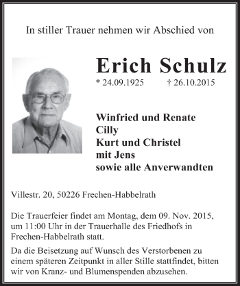 Anzeige von Erich Schulz von  Wochenende 