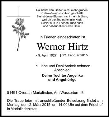 Anzeige von Werner Hirtz von Kölner Stadt-Anzeiger / Kölnische Rundschau / Express