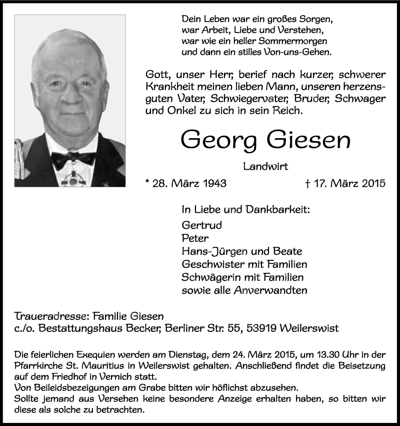  Traueranzeige für Georg Giesen vom 20.03.2015 aus Kölner Stadt-Anzeiger / Kölnische Rundschau / Express