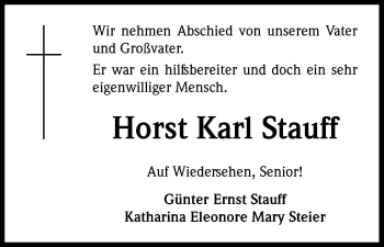 Anzeige von Horst Karl Stauff von Kölner Stadt-Anzeiger / Kölnische Rundschau / Express