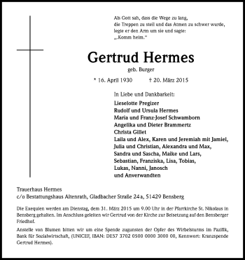 Anzeige von Gertrud Hermes von Kölner Stadt-Anzeiger / Kölnische Rundschau / Express