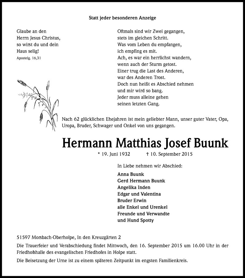  Traueranzeige für Hermann Matthias Josef Buunk vom 14.09.2015 aus Kölner Stadt-Anzeiger / Kölnische Rundschau / Express