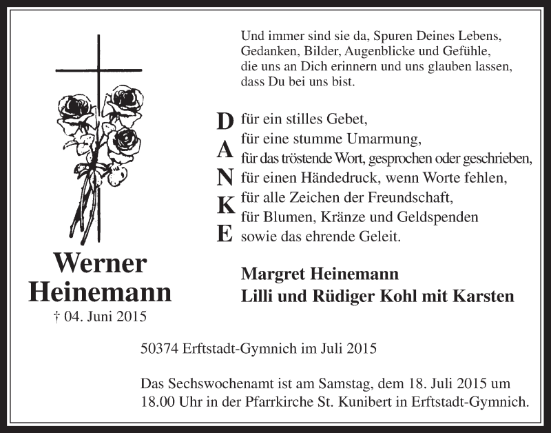  Traueranzeige für Werner Heinemann vom 08.07.2015 aus  Werbepost 