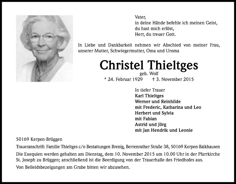  Traueranzeige für Christel Thieltges vom 07.11.2015 aus Kölner Stadt-Anzeiger / Kölnische Rundschau / Express