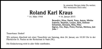 Anzeige von Roland Karl Kraus von Kölner Stadt-Anzeiger / Kölnische Rundschau / Express