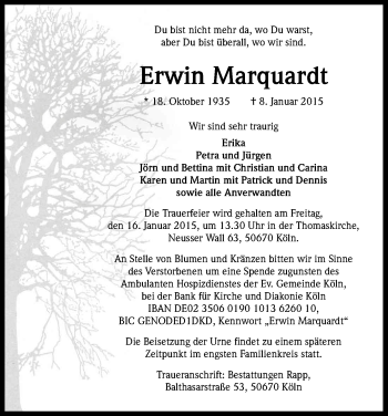 Anzeige von Erwin Marquardt von Kölner Stadt-Anzeiger / Kölnische Rundschau / Express