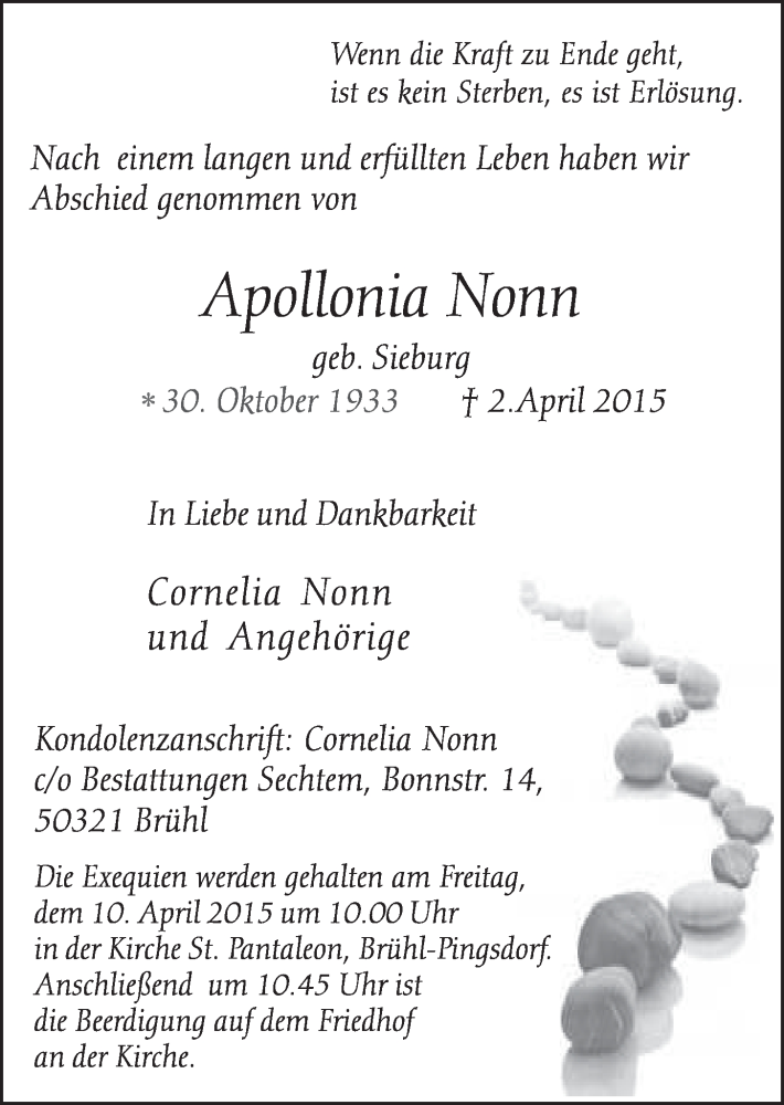 Traueranzeige für Apollonia Nonn vom 08.04.2015 aus  Schlossbote/Werbekurier 