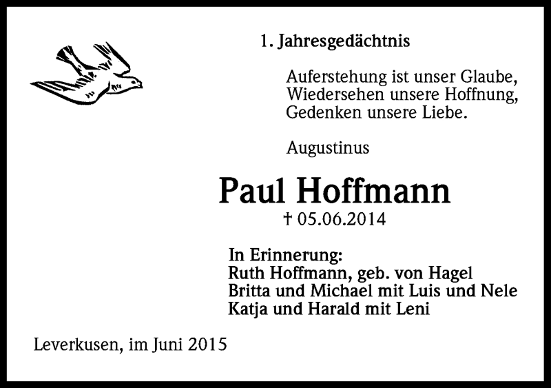  Traueranzeige für Paul Hoffmann vom 04.06.2015 aus Kölner Stadt-Anzeiger / Kölnische Rundschau / Express