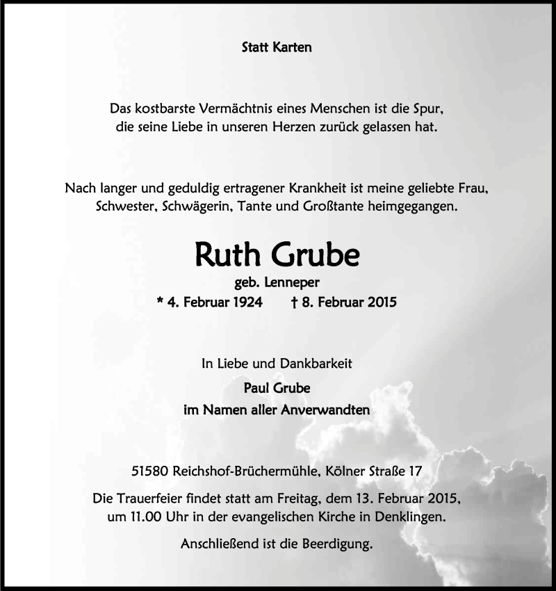  Traueranzeige für Ruth Grube vom 10.02.2015 aus Kölner Stadt-Anzeiger / Kölnische Rundschau / Express
