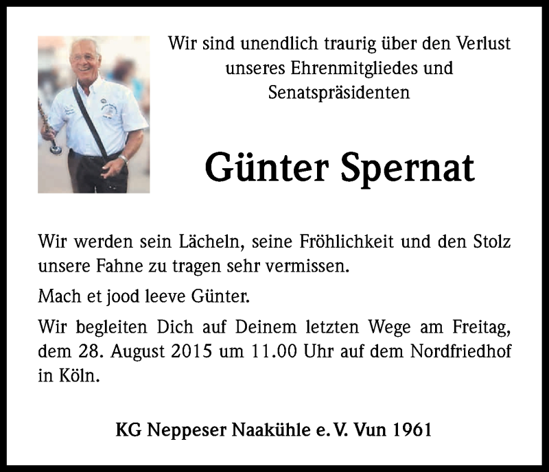 Traueranzeige für Günter Spernat vom 26.08.2015 aus Kölner Stadt-Anzeiger / Kölnische Rundschau / Express