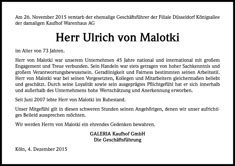  Traueranzeige für Ulrich  von Malotki vom 12.12.2015 aus Kölner Stadt-Anzeiger / Kölnische Rundschau / Express