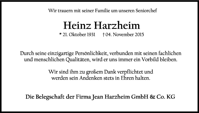  Traueranzeige für Heinz Harzheim vom 07.11.2015 aus Kölner Stadt-Anzeiger / Kölnische Rundschau / Express