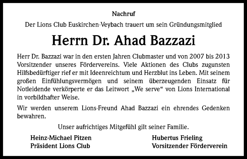  Traueranzeige für Ahad Bazzazi vom 17.01.2015 aus Kölner Stadt-Anzeiger / Kölnische Rundschau / Express