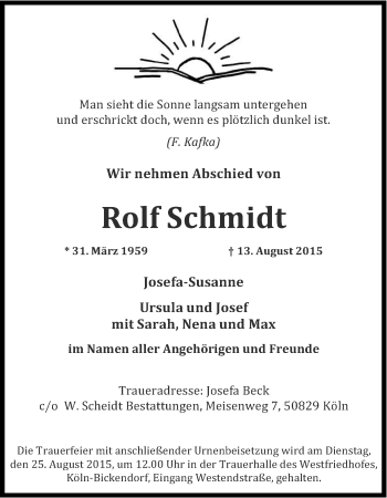 Anzeige von Rolf Schmidt von Kölner Stadt-Anzeiger / Kölnische Rundschau / Express