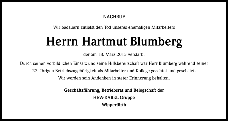  Traueranzeige für Hartmut Blumberg vom 04.04.2015 aus Kölner Stadt-Anzeiger / Kölnische Rundschau / Express