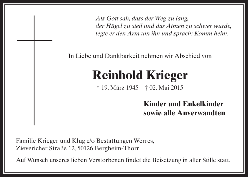  Traueranzeige für Reinhold Krieger vom 13.05.2015 aus  Werbepost 