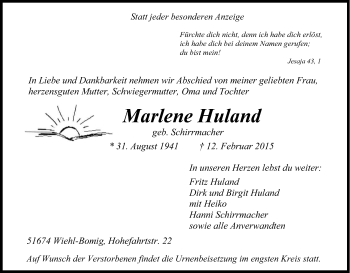 Anzeige von Marlene Huland von Kölner Stadt-Anzeiger / Kölnische Rundschau / Express