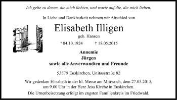 Anzeige von Elisabeth Illigen von Kölner Stadt-Anzeiger / Kölnische Rundschau / Express