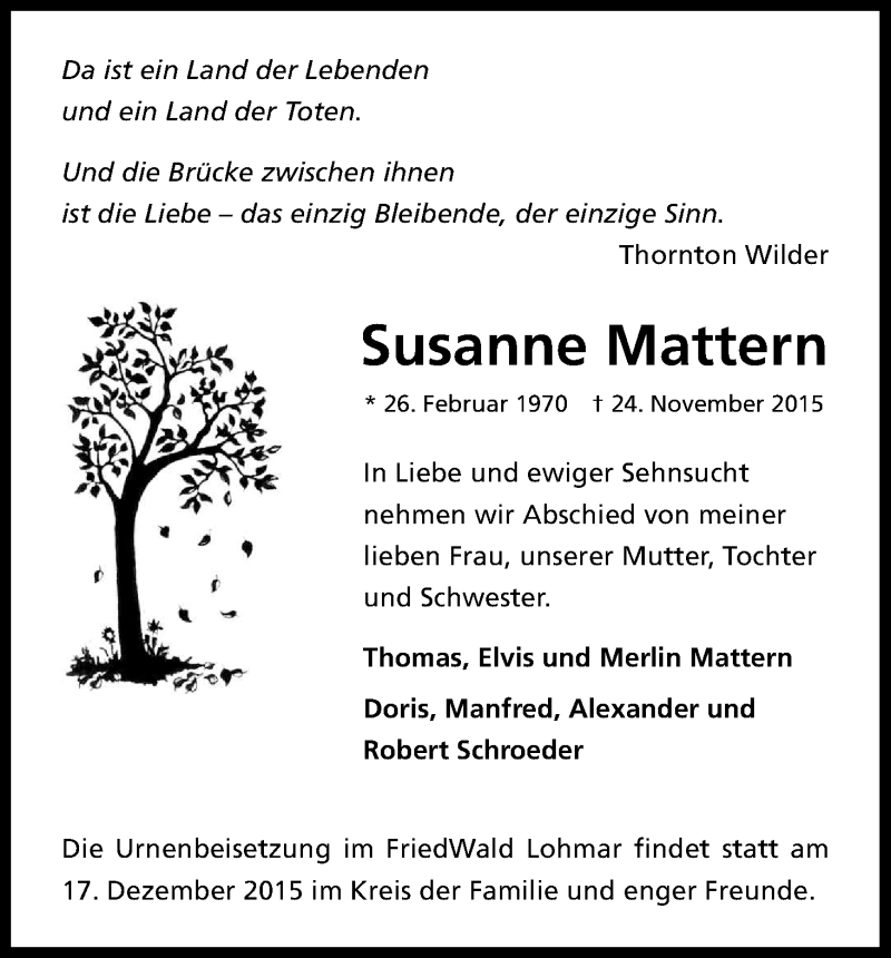  Traueranzeige für Susanne Mattern vom 12.12.2015 aus Kölner Stadt-Anzeiger / Kölnische Rundschau / Express