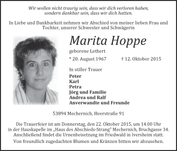 Anzeige von Marita Hoppe von  Blickpunkt Euskirchen 