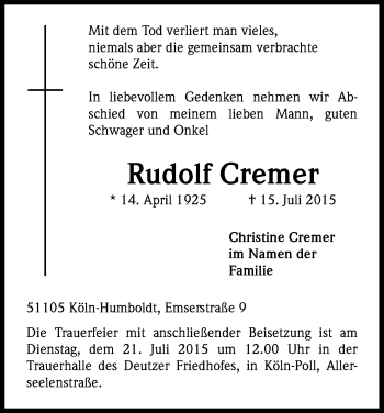 Anzeige von Rudolf Cremer von Kölner Stadt-Anzeiger / Kölnische Rundschau / Express
