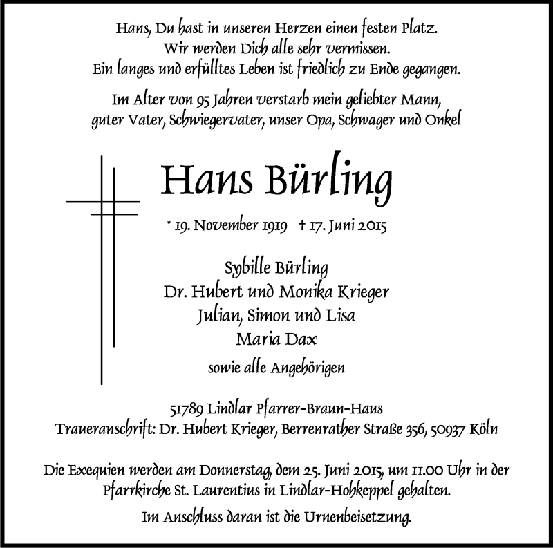  Traueranzeige für Hans Bürling vom 20.06.2015 aus Kölner Stadt-Anzeiger / Kölnische Rundschau / Express