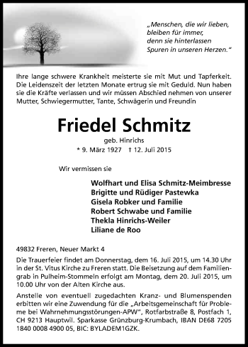 Anzeige von Frieda Schmitz von Kölner Stadt-Anzeiger / Kölnische Rundschau / Express